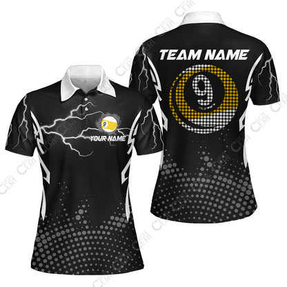 Customized Billiards Women Polo Shirt, Lightning Graphics With Dots 9 Ball Pool Jersey