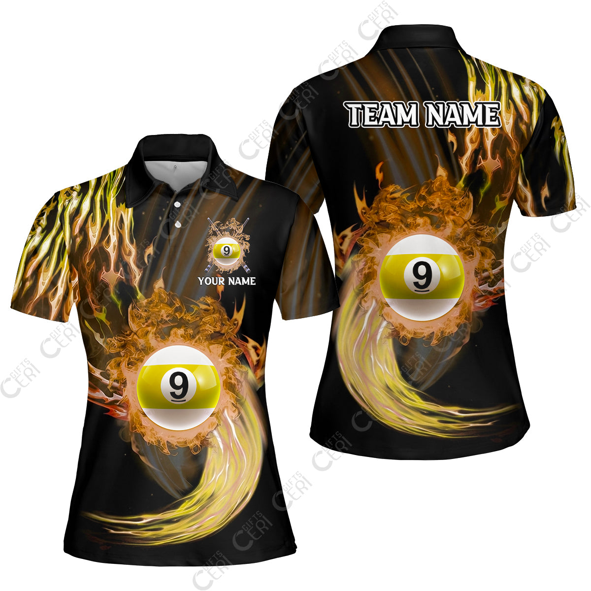Customized 9 Ball Pool Women Polo Shirt, 9-Ball Swirling Fire And Glowing Smoke, Billiards Jerseys