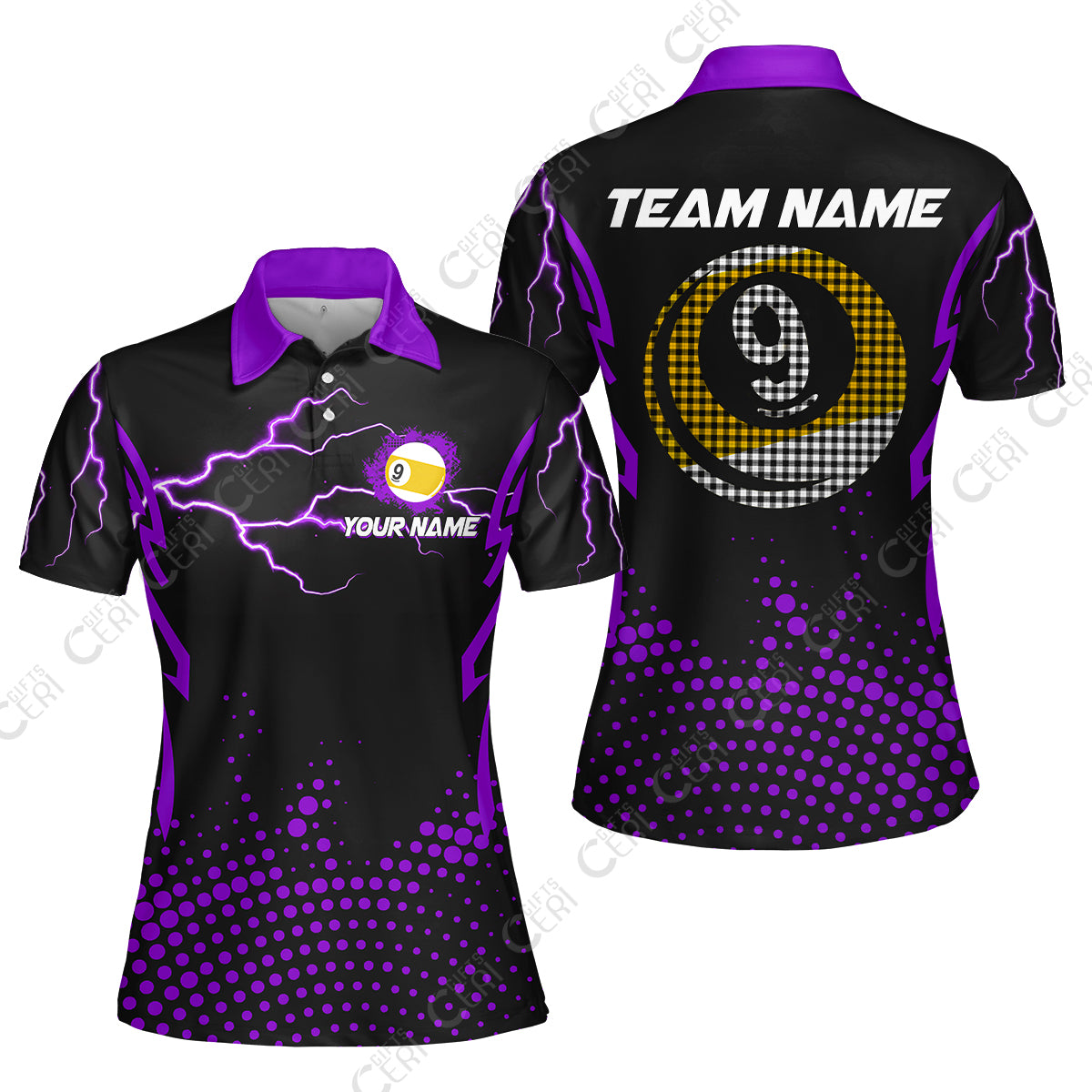 Customized Billiards Women Polo Shirt, Lightning Graphics With Dots 9 Ball Pool Jersey