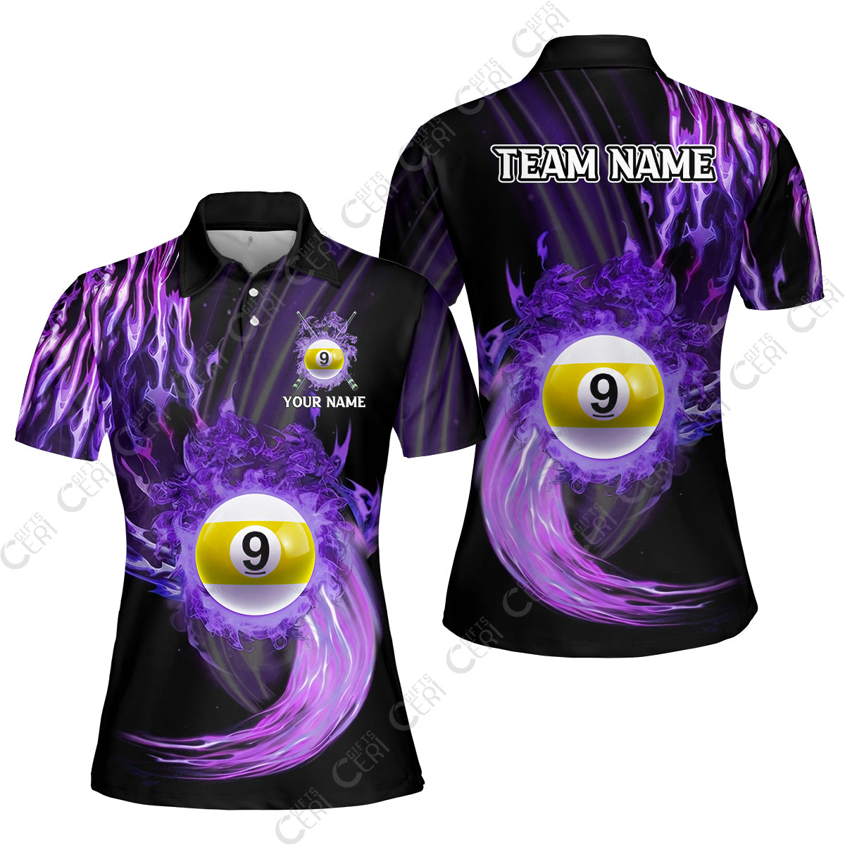Customized 9 Ball Pool Women Polo Shirt, 9-Ball Swirling Fire And Glowing Smoke, Billiards Jerseys