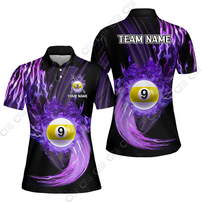 Customized 9 Ball Pool Women Polo Shirt, 9-Ball Swirling Fire And Glowing Smoke, Billiards Jerseys