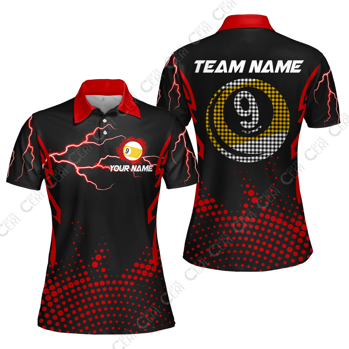 Customized Billiards Women Polo Shirt, Lightning Graphics With Dots 9 Ball Pool Jersey