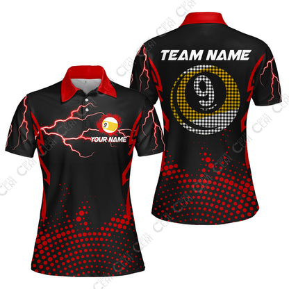 Customized Billiards Women Polo Shirt, Lightning Graphics With Dots 9 Ball Pool Jersey