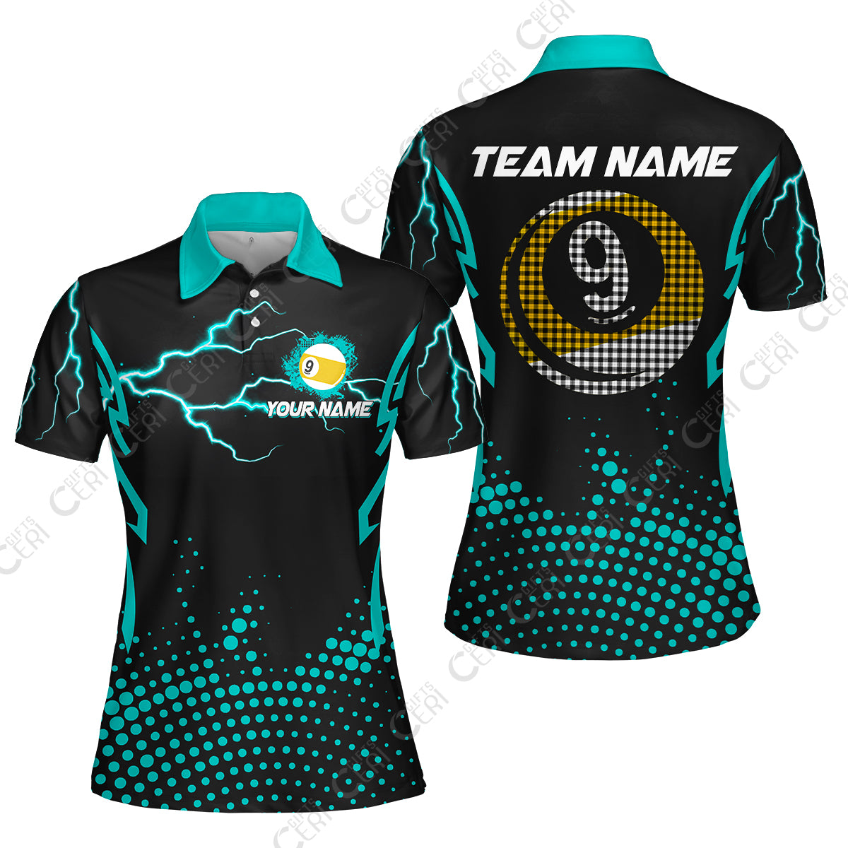 Customized Billiards Women Polo Shirt, Lightning Graphics With Dots 9 Ball Pool Jersey