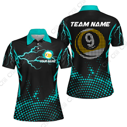 Customized Billiards Women Polo Shirt, Lightning Graphics With Dots 9 Ball Pool Jersey