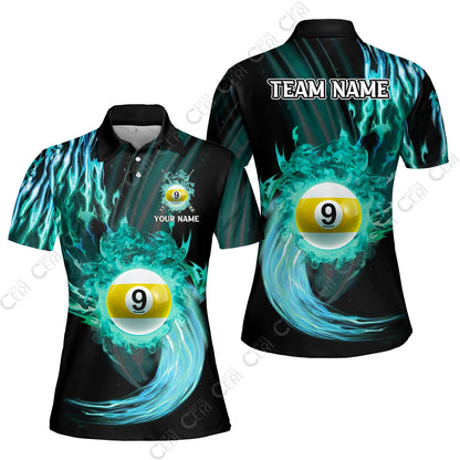 Customized 9 Ball Pool Women Polo Shirt, 9-Ball Swirling Fire And Glowing Smoke, Billiards Jerseys