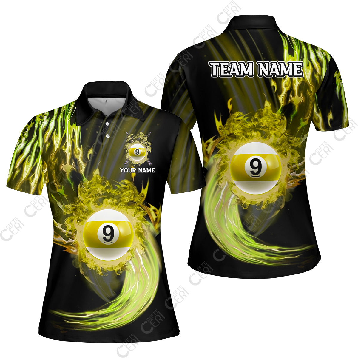 Customized 9 Ball Pool Women Polo Shirt, 9-Ball Swirling Fire And Glowing Smoke, Billiards Jerseys