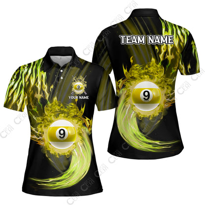Customized 9 Ball Pool Women Polo Shirt, 9-Ball Swirling Fire And Glowing Smoke, Billiards Jerseys