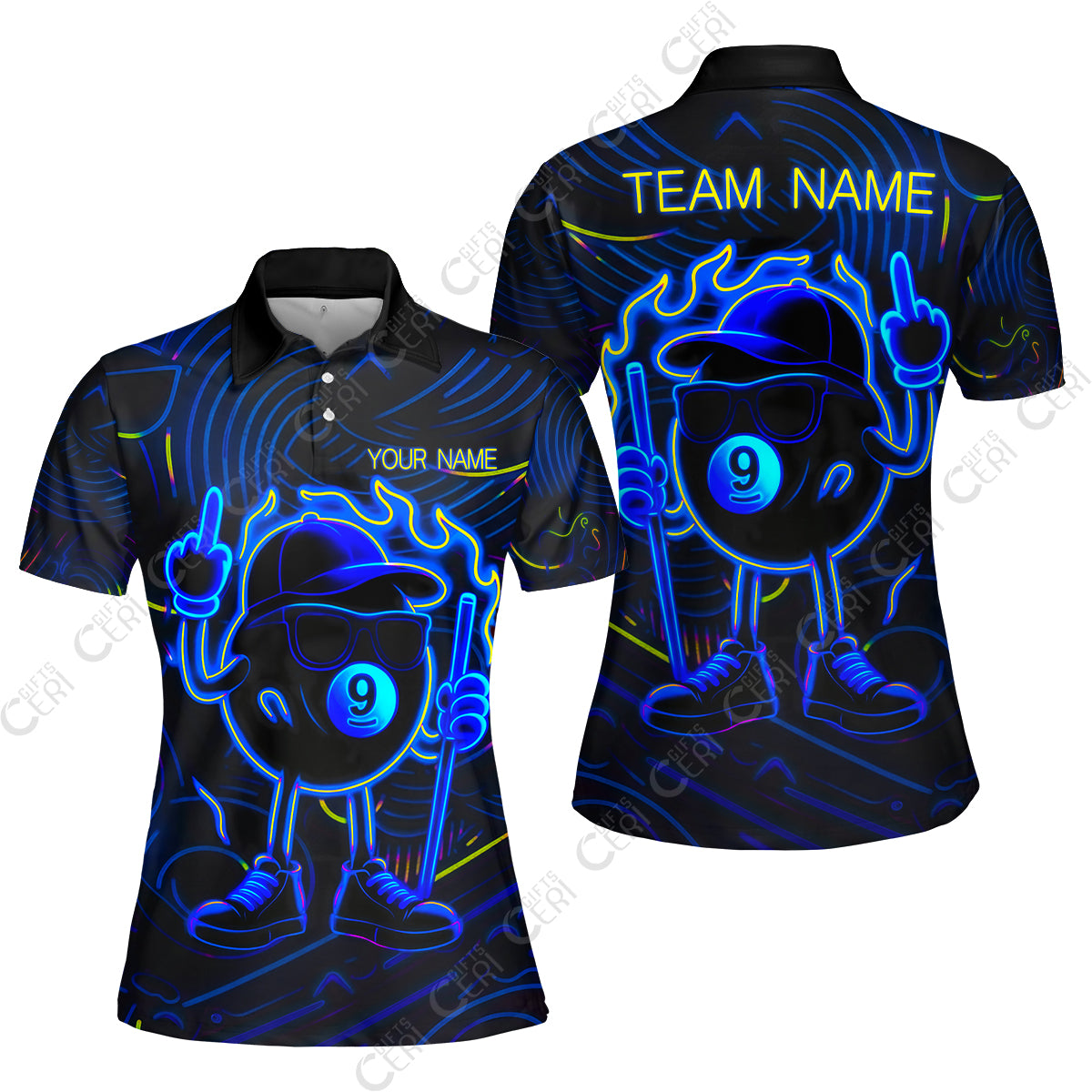Customized 9 Ball Pool Women Polo Shirt, 9-Ball Billiard Neon Cartoon Flaming, Billiard Jerseys