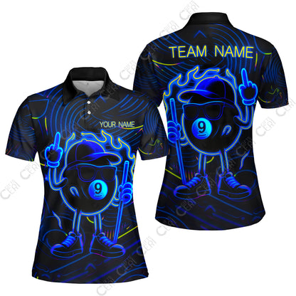 Customized 9 Ball Pool Women Polo Shirt, 9-Ball Billiard Neon Cartoon Flaming, Billiard Jerseys