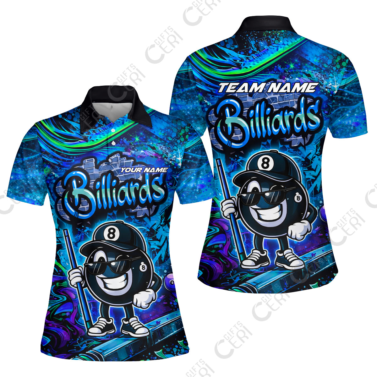 Customized Billiards Women Polo Shirt, Personalized Street Graffiti 8 Ball Jersey Gift For Billiard Players
