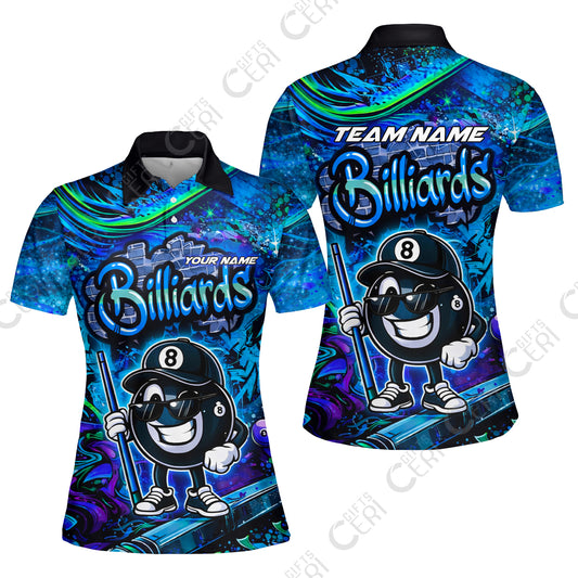 Customized Billiards Women Polo Shirt, Personalized Street Graffiti 8 Ball Jersey Gift For Billiard Players