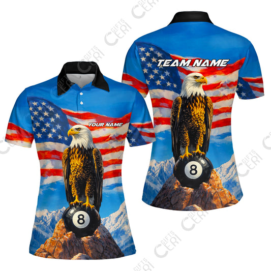 Customized Billiards Women Polo Shirt, Personalized American Flag With Eagle 8 Ball Jersey Gift For Billiard Players