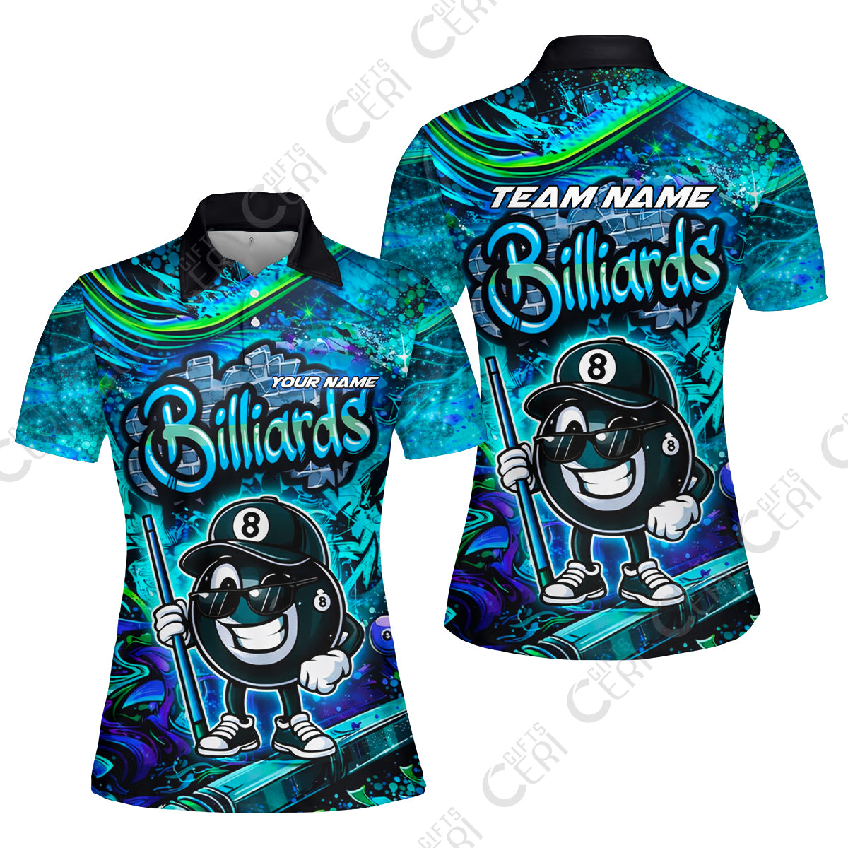 Customized Billiards Women Polo Shirt, Personalized Street Graffiti 8 Ball Jersey Gift For Billiard Players