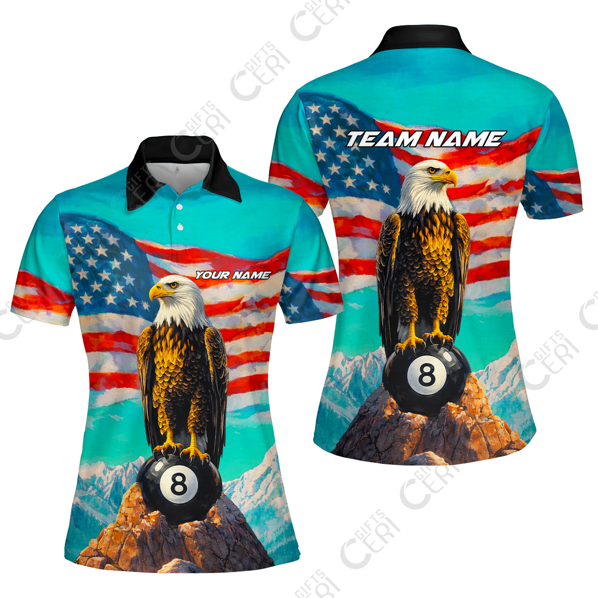 Customized Billiards Women Polo Shirt, Personalized American Flag With Eagle 8 Ball Jersey Gift For Billiard Players