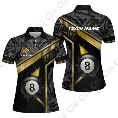 Customized Billiards Women Polo Shirt, Personalized Hexagonal Patterns With A Cracked Glass 8 Ball Jersey