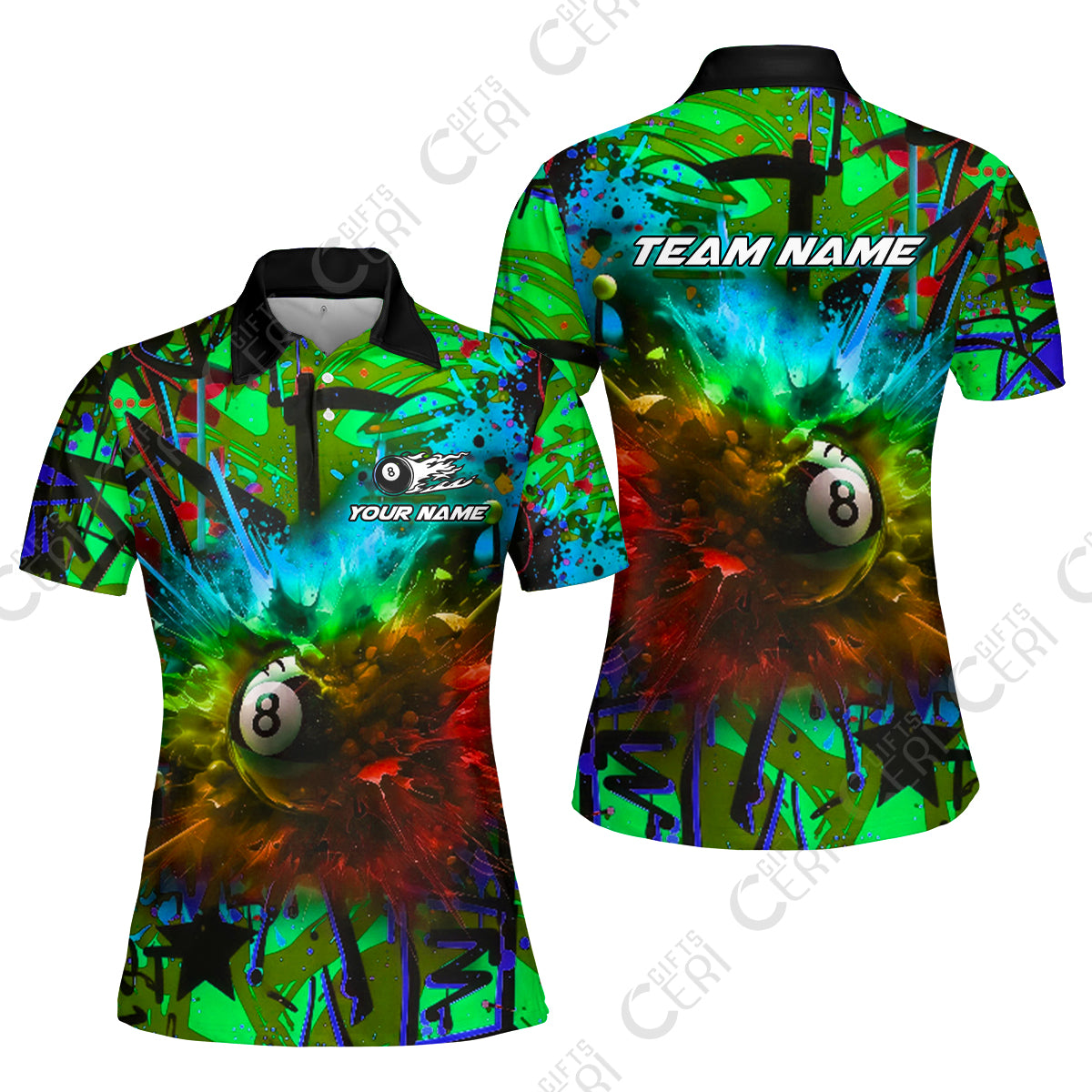 Customized Billiards Women Polo Shirt, Personalized Neon Chaos 8 Ball Jersey Gift For Billiard Players
