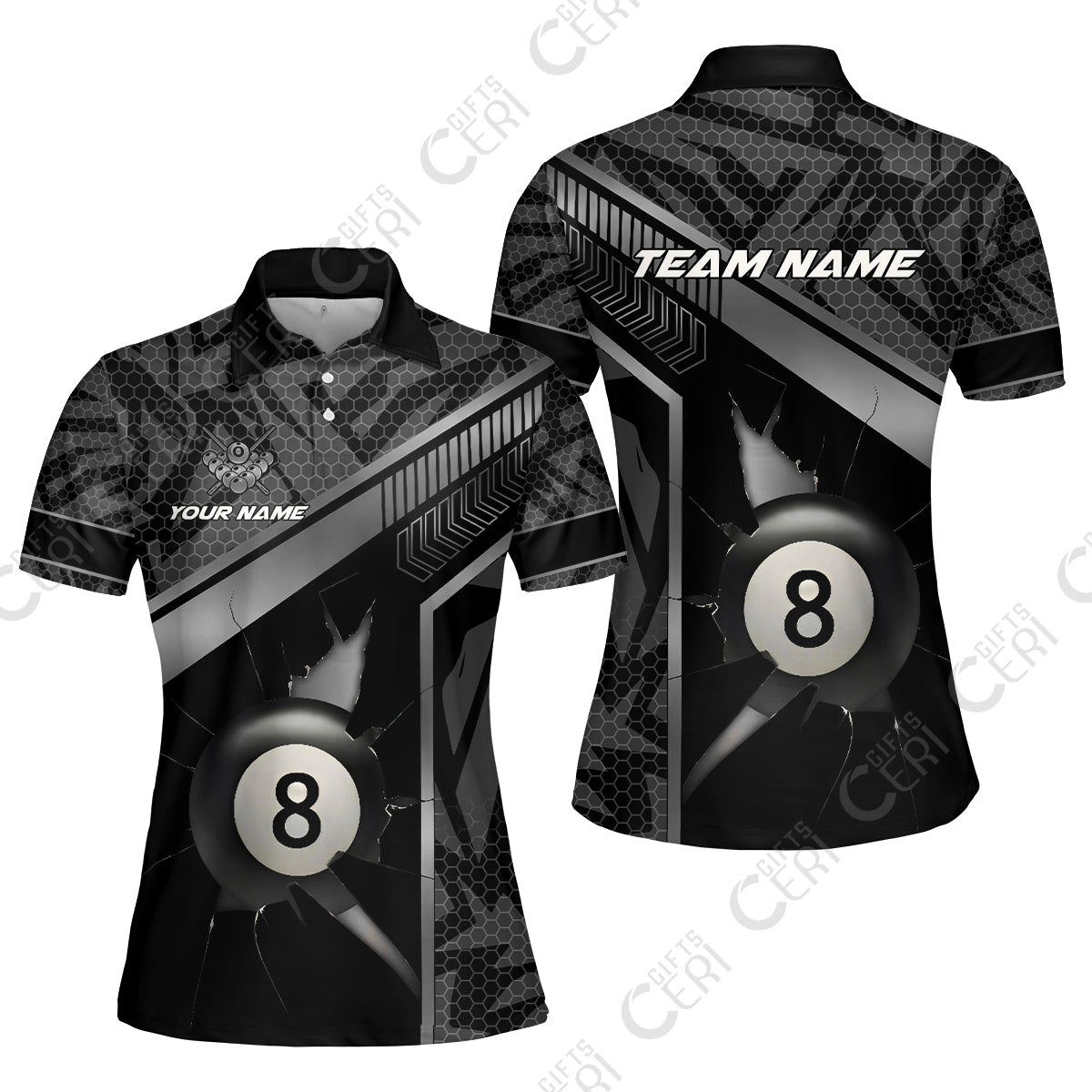 Customized Billiards Women Polo Shirt, Personalized Hexagonal Patterns With A Cracked Glass 8 Ball Jersey