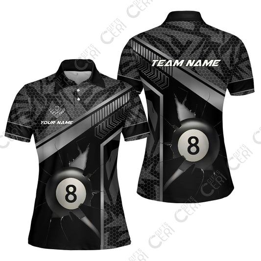 Customized Billiards Women Polo Shirt, Personalized Hexagonal Patterns With A Cracked Glass 8 Ball Jersey