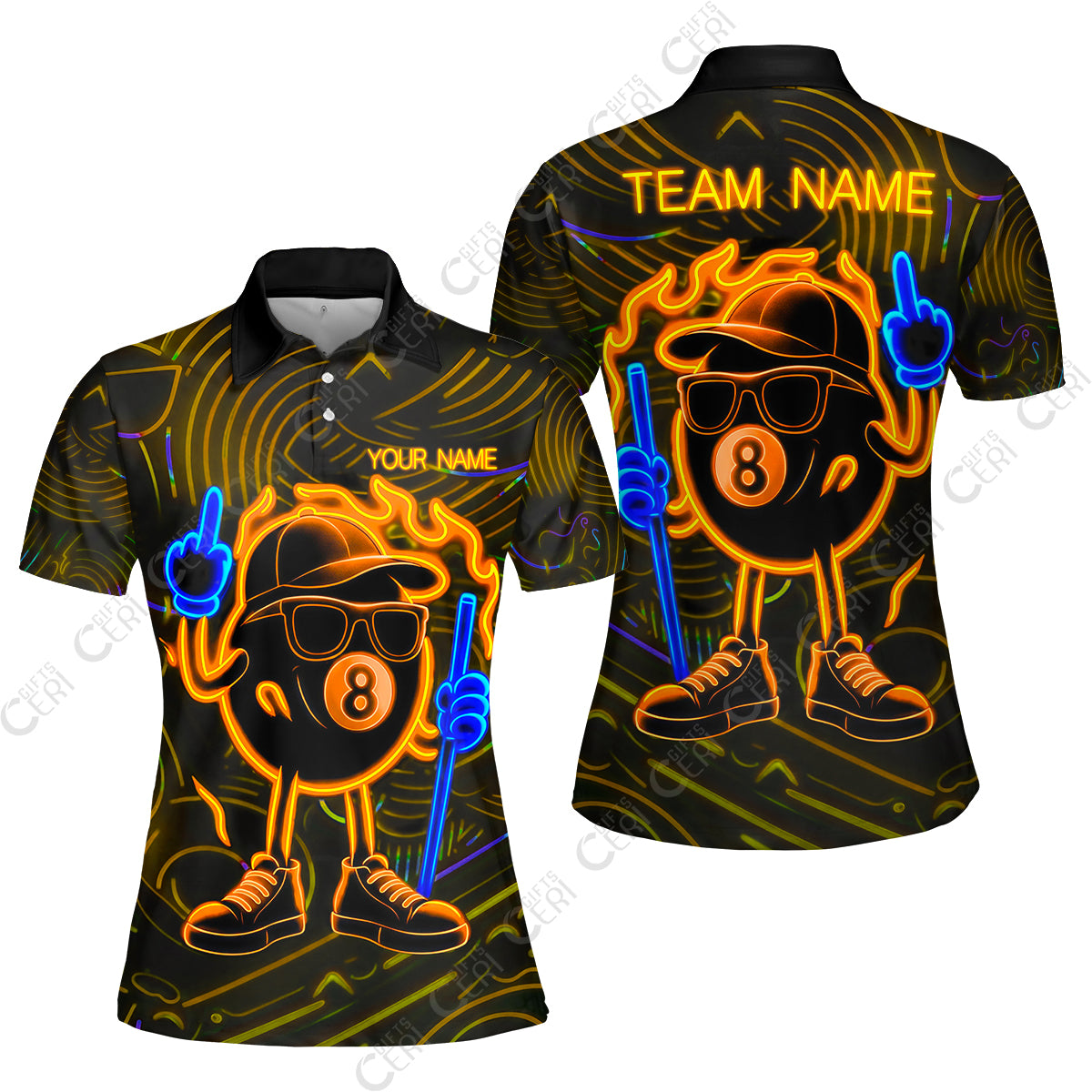Customized 8 Ball Pool Women Polo Shirt, 8-Ball Billiard Neon Cartoon Flaming, Billiard Jerseys