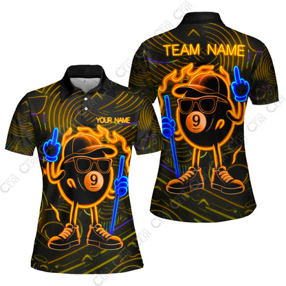 Customized 9 Ball Pool Women Polo Shirt, 9-Ball Billiard Neon Cartoon Flaming, Billiard Jerseys