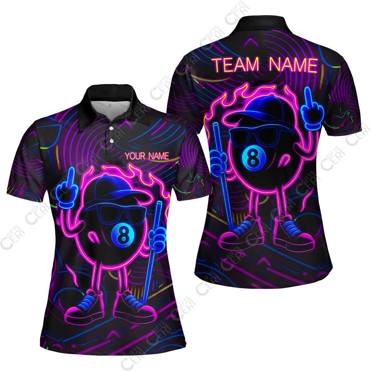 Customized 8 Ball Pool Women Polo Shirt, 8-Ball Billiard Neon Cartoon Flaming, Billiard Jerseys