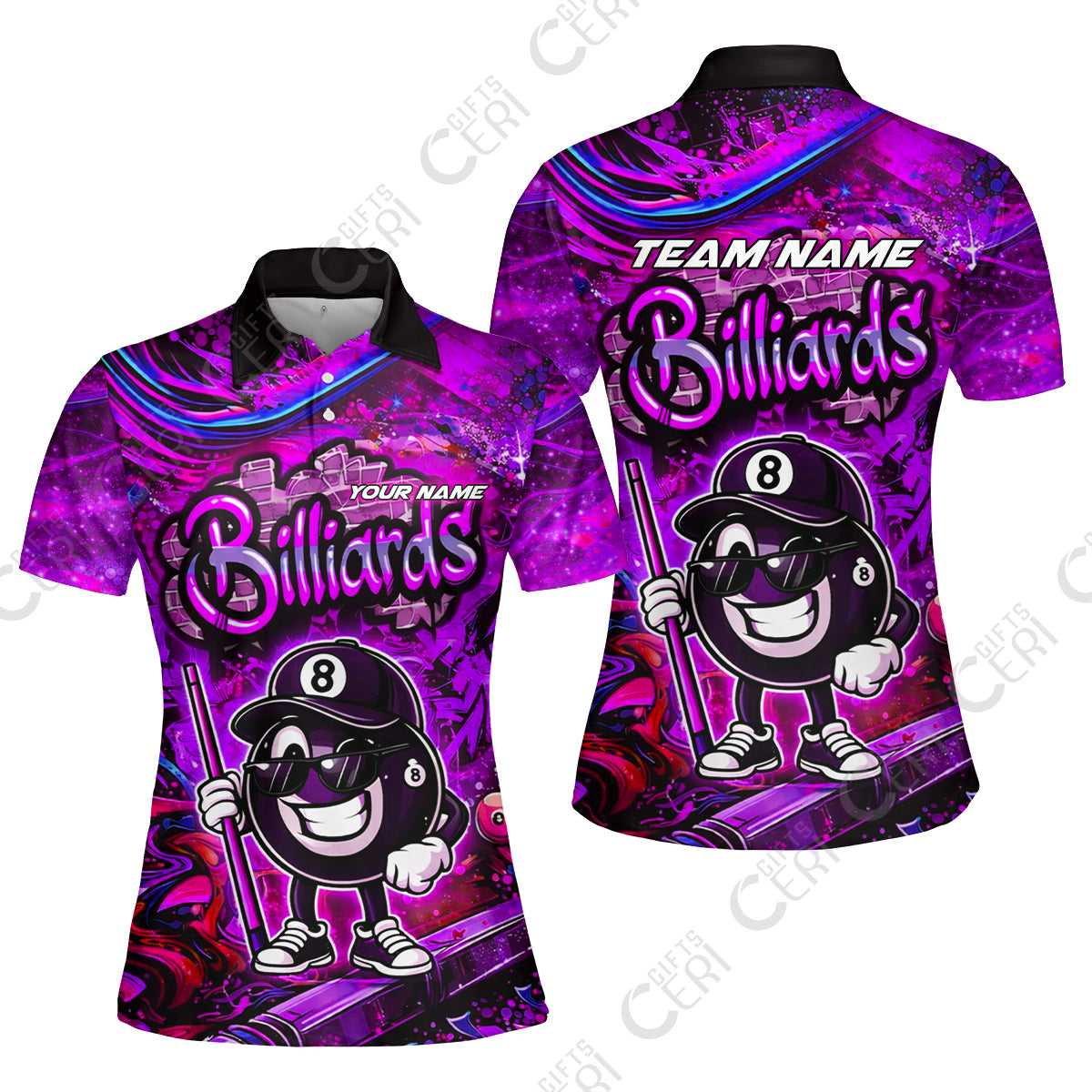 Customized Billiards Women Polo Shirt, Personalized Street Graffiti 8 Ball Jersey Gift For Billiard Players