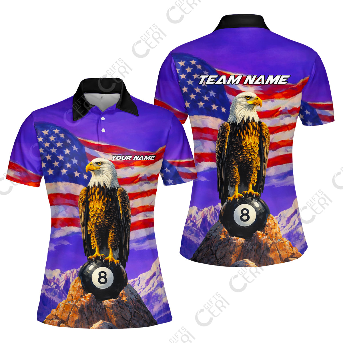 Customized Billiards Women Polo Shirt, Personalized American Flag With Eagle 8 Ball Jersey Gift For Billiard Players