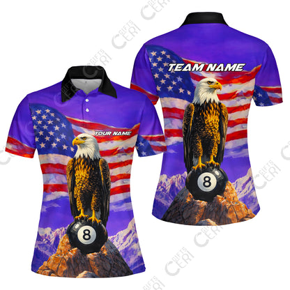 Customized Billiards Women Polo Shirt, Personalized American Flag With Eagle 8 Ball Jersey Gift For Billiard Players