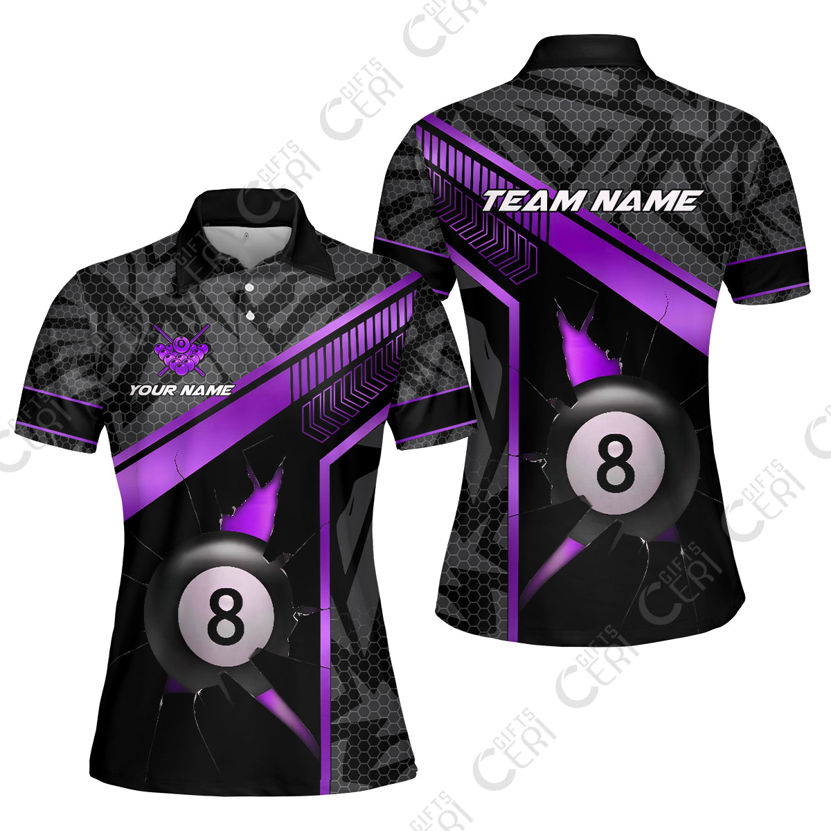 Customized Billiards Women Polo Shirt, Personalized Hexagonal Patterns With A Cracked Glass 8 Ball Jersey