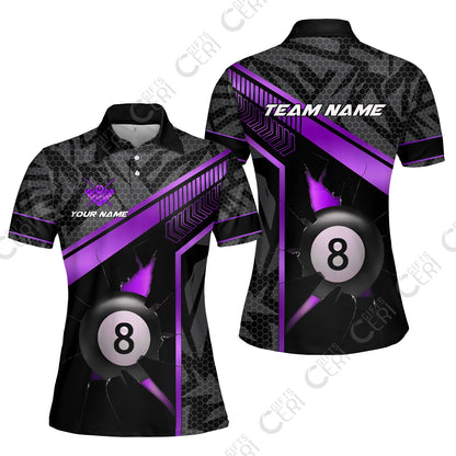 Customized Billiards Women Polo Shirt, Personalized Hexagonal Patterns With A Cracked Glass 8 Ball Jersey