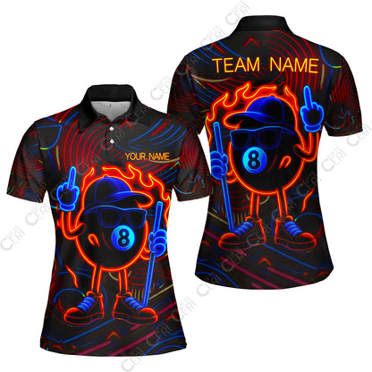 Customized 8 Ball Pool Women Polo Shirt, 8-Ball Billiard Neon Cartoon Flaming, Billiard Jerseys