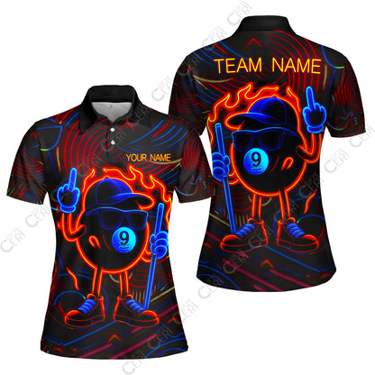 Customized 9 Ball Pool Women Polo Shirt, 9-Ball Billiard Neon Cartoon Flaming, Billiard Jerseys