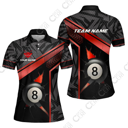 Customized Billiards Women Polo Shirt, Personalized Hexagonal Patterns With A Cracked Glass 8 Ball Jersey