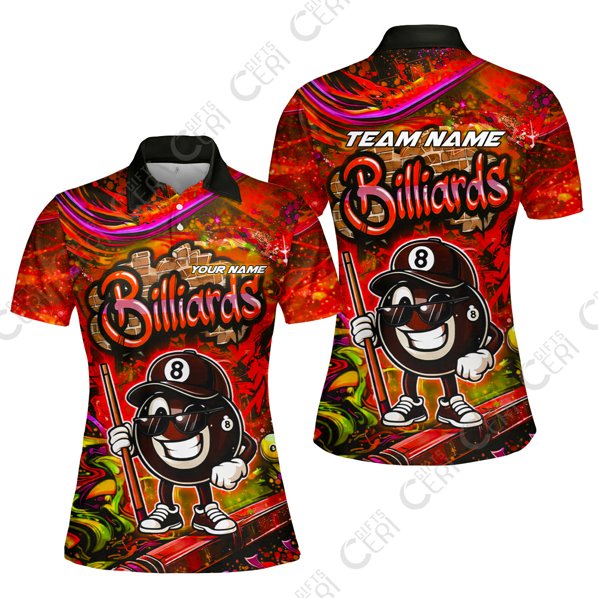 Customized Billiards Women Polo Shirt, Personalized Street Graffiti 8 Ball Jersey Gift For Billiard Players