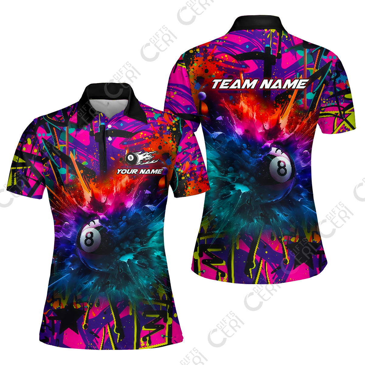 Customized Billiards Women Polo Shirt, Personalized Neon Chaos 8 Ball Jersey Gift For Billiard Players