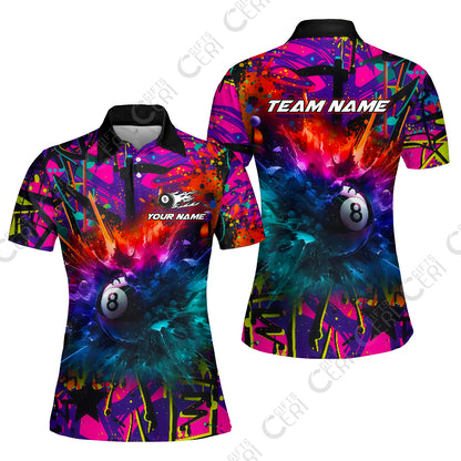 Customized Billiards Women Polo Shirt, Personalized Neon Chaos 8 Ball Jersey Gift For Billiard Players