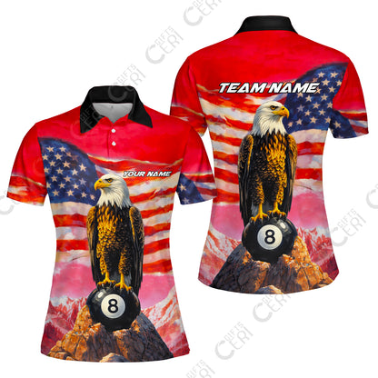 Customized Billiards Women Polo Shirt, Personalized American Flag With Eagle 8 Ball Jersey Gift For Billiard Players