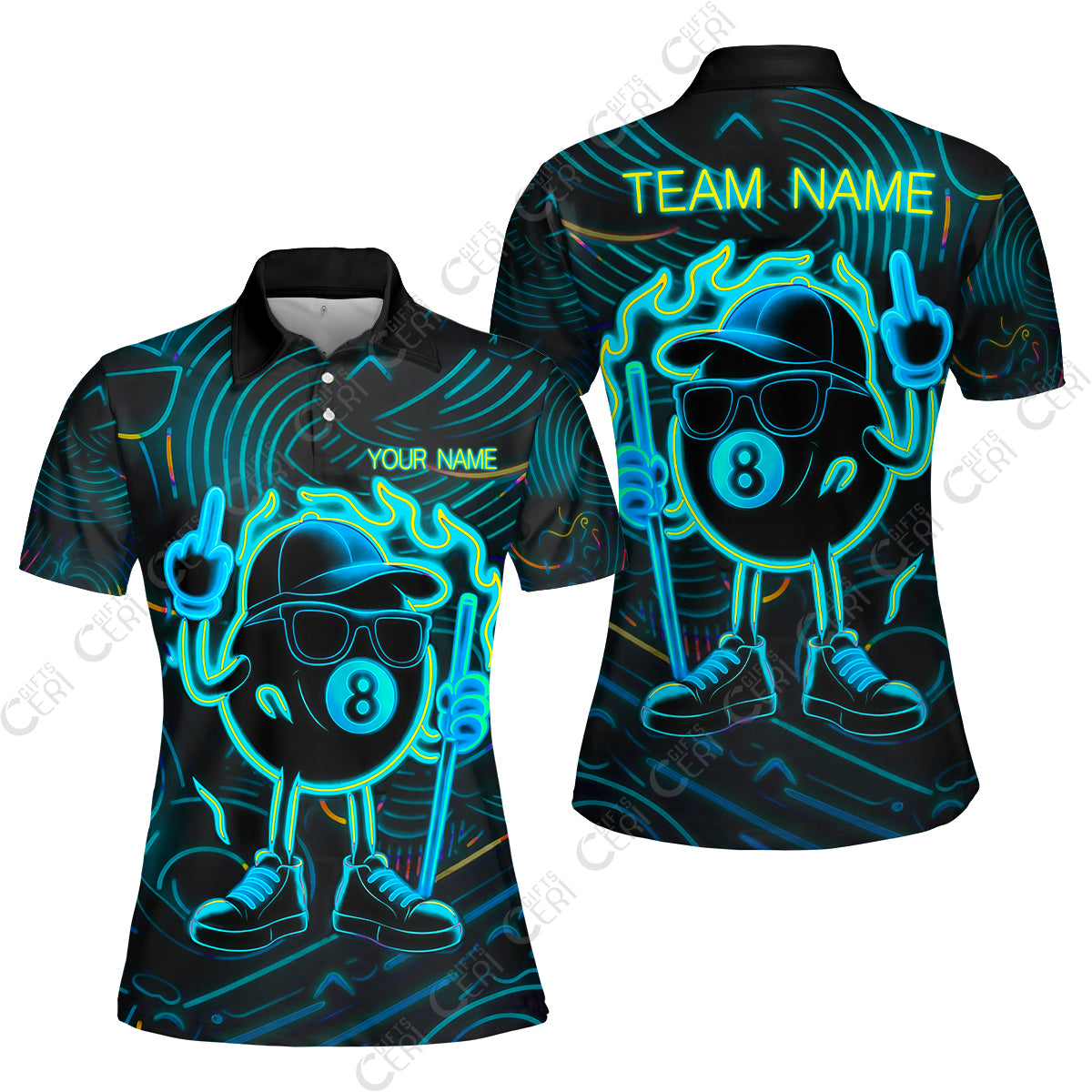 Customized 8 Ball Pool Women Polo Shirt, 8-Ball Billiard Neon Cartoon Flaming, Billiard Jerseys
