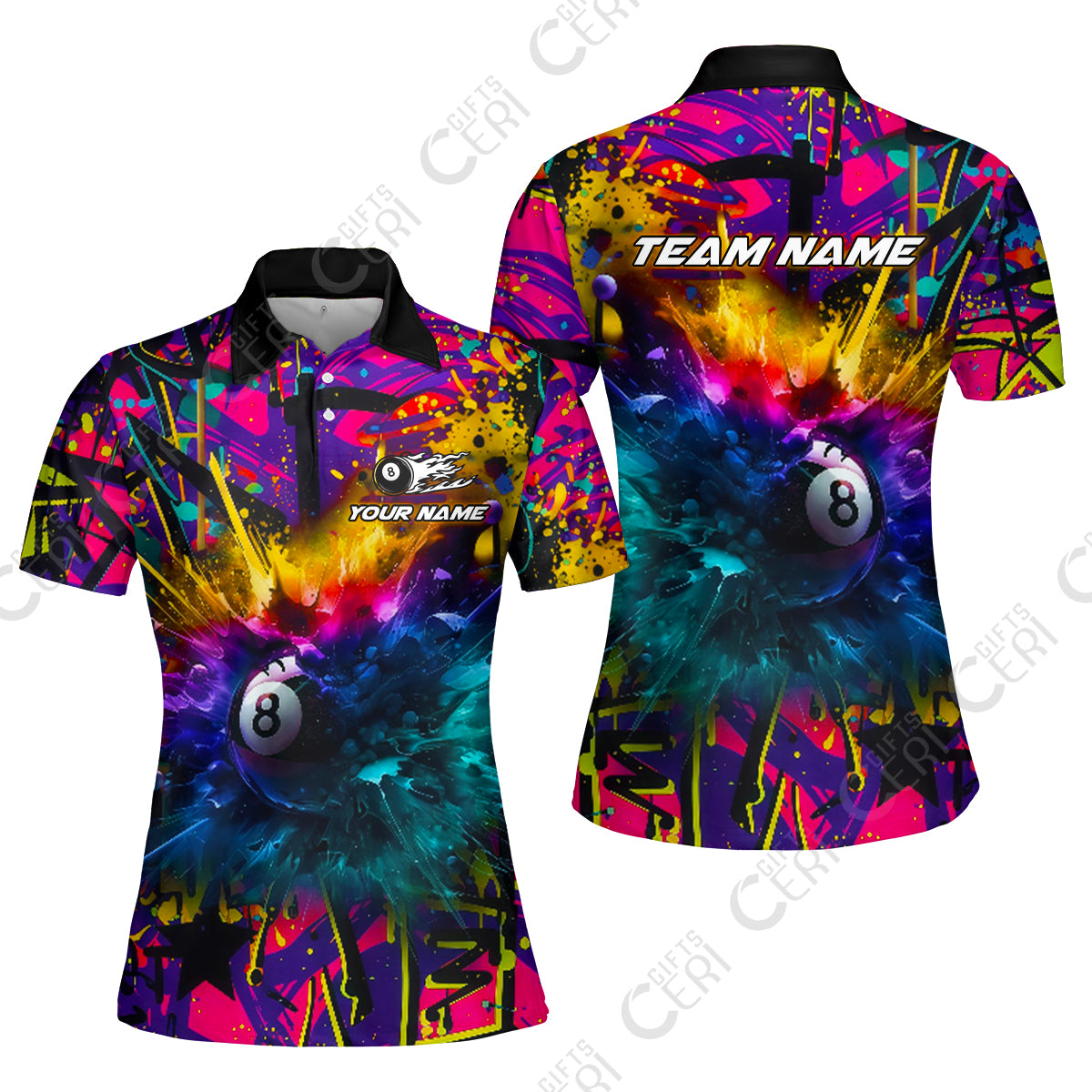Customized Billiards Women Polo Shirt, Personalized Neon Chaos 8 Ball Jersey Gift For Billiard Players