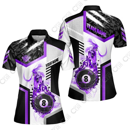Customized Billiards Women Polo Shirt, Flaming 8-Ball Graphic, 8 Ball Pool Jersey