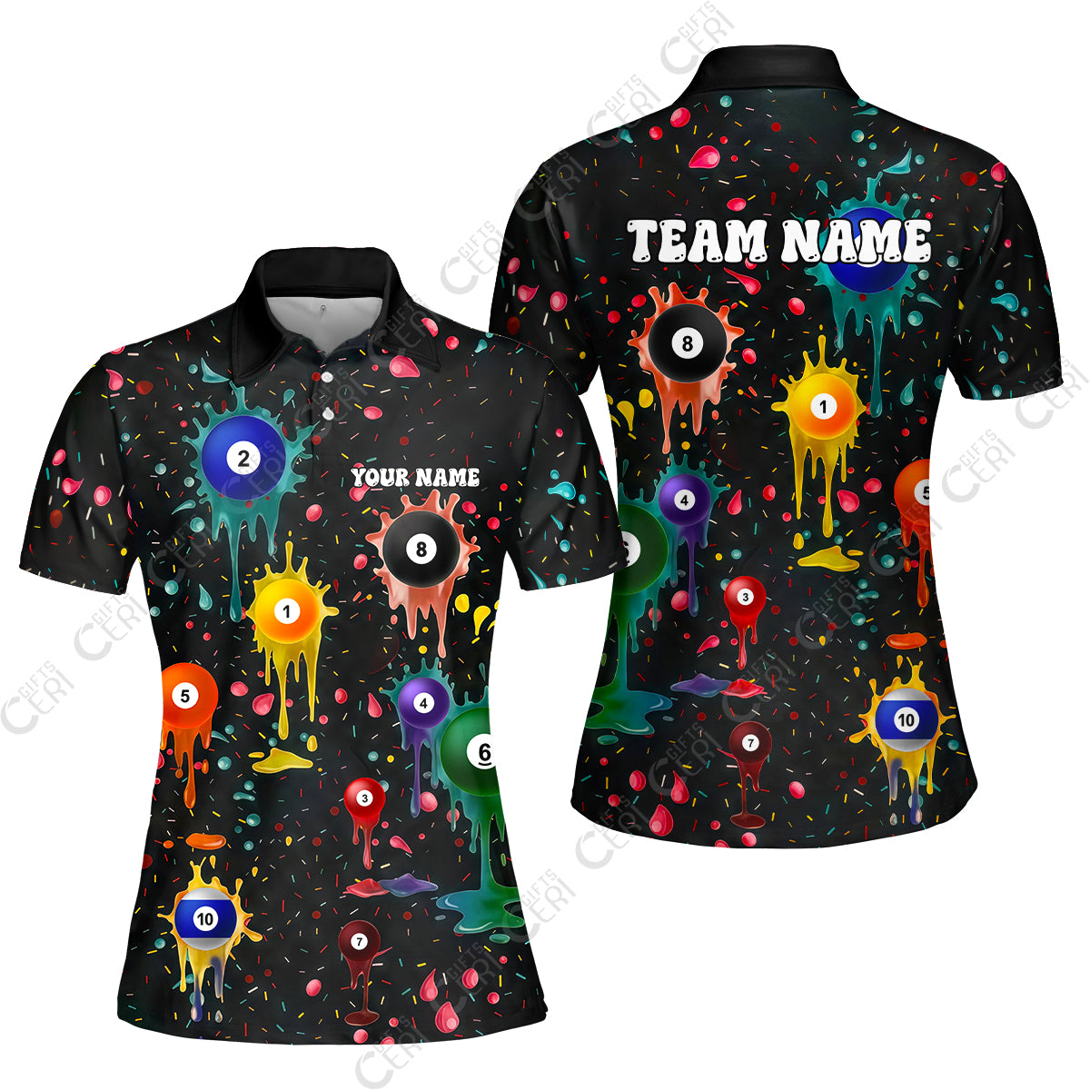 Customized 8 Ball Pool Women Polo Shirt, Billiards 8-Ball Colorful Paint-Splash, Billiards Jerseys