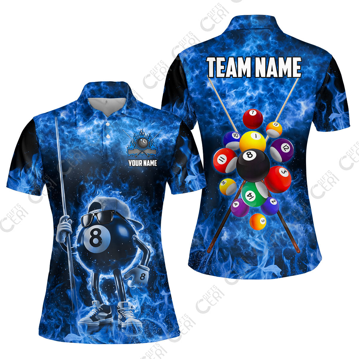 Customized 8 Ball Pool Women Polo Shirt, 8-Ball Wearing Cap And Sunglasses Flaming Burn, Billiard Jerseys