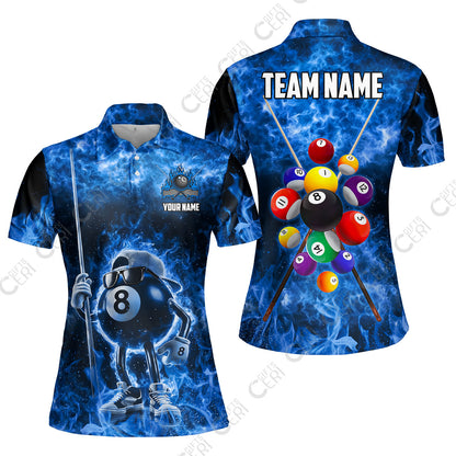 Customized 8 Ball Pool Women Polo Shirt, 8-Ball Wearing Cap And Sunglasses Flaming Burn, Billiard Jerseys