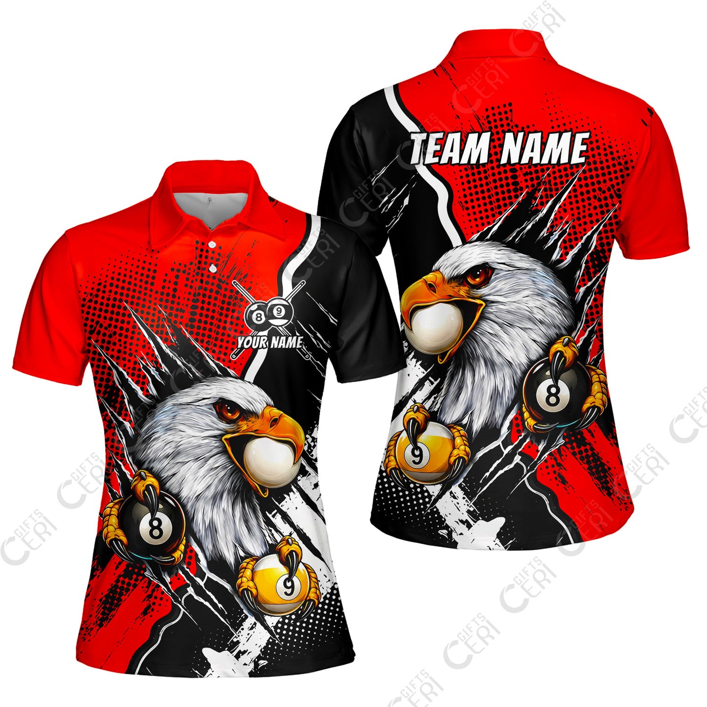 Customized Billiards Women Polo Shirt, 8 & 9 Ball Billiard Eagle Comic Dot Halftone Background Color, Billiards Jerseys