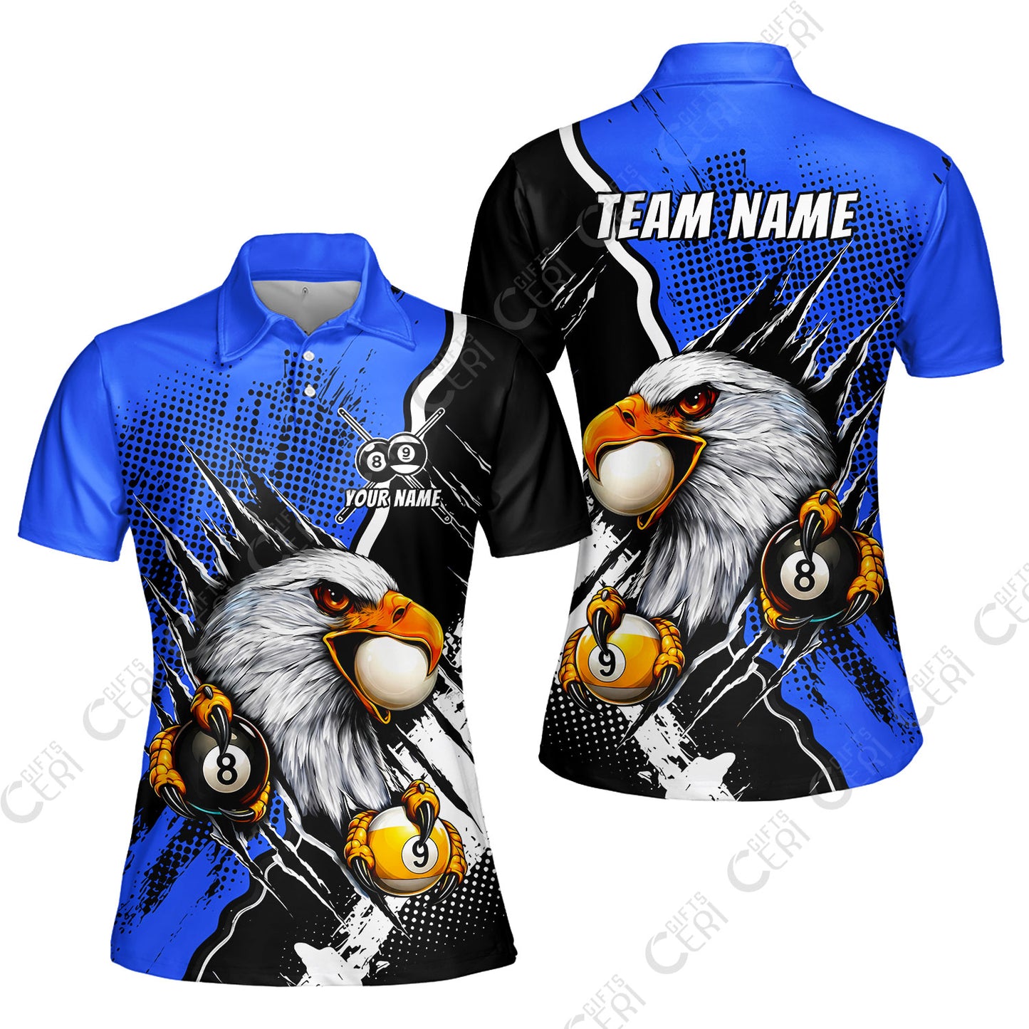 Customized Billiards Women Polo Shirt, 8 & 9 Ball Billiard Eagle Comic Dot Halftone Background Color, Billiards Jerseys