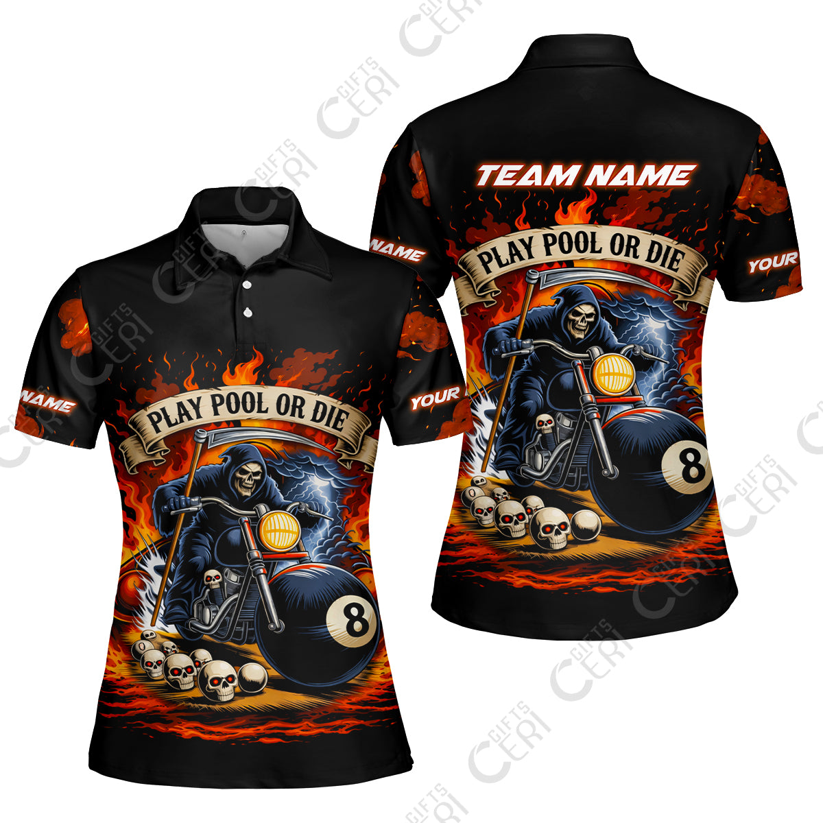 Customized 8 Ball Pool Women Polo Shirt, Billiards 8-Ball Hell Riders, Billiards Jerseys
