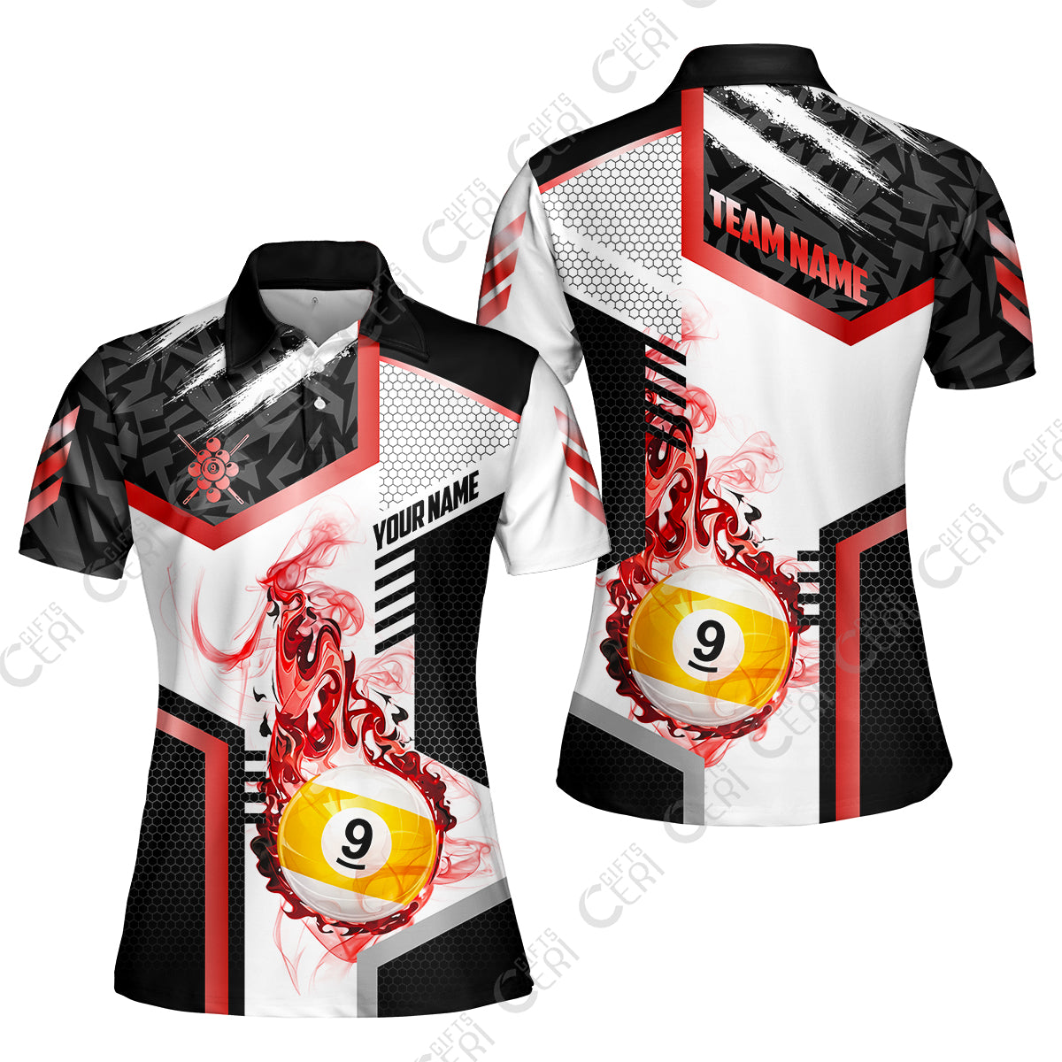 Customized 9 Ball Pool Women Polo Shirt, Flaming 9-Ball Graphic, Billiards Jersey