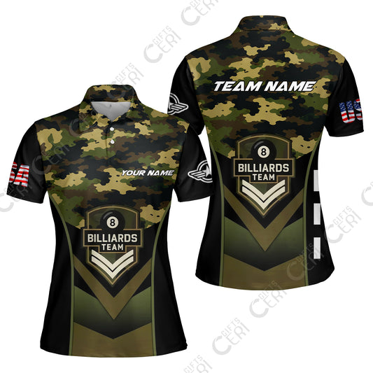 Customized 8 Ball Pool Women Polo Shirt, Camo Billiards Elite Billiard 8-Ball, Billiards Jerseys