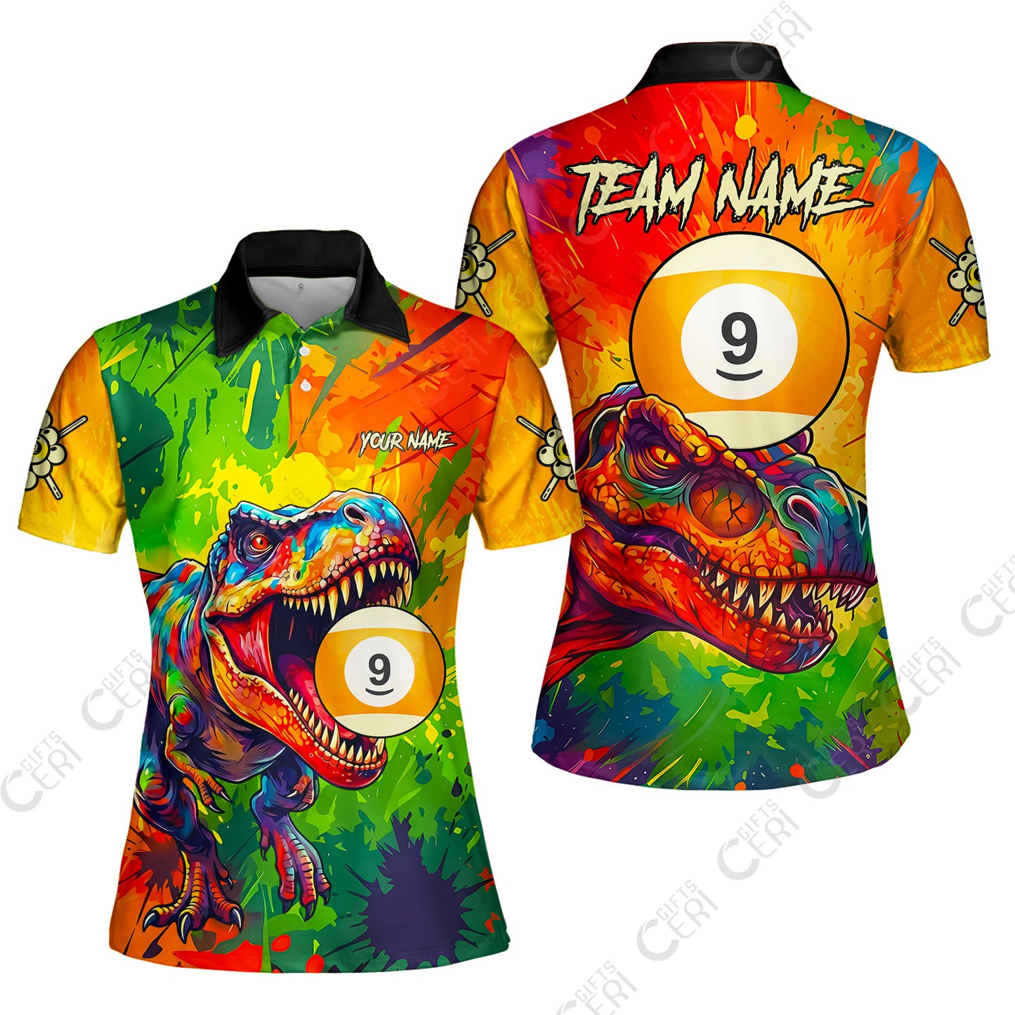 Customized 9 Ball Pool Women Polo Shirt, Dinosaur Colorful Splash Paint Billiard 9-Ball, Personalized Billiards Jersey